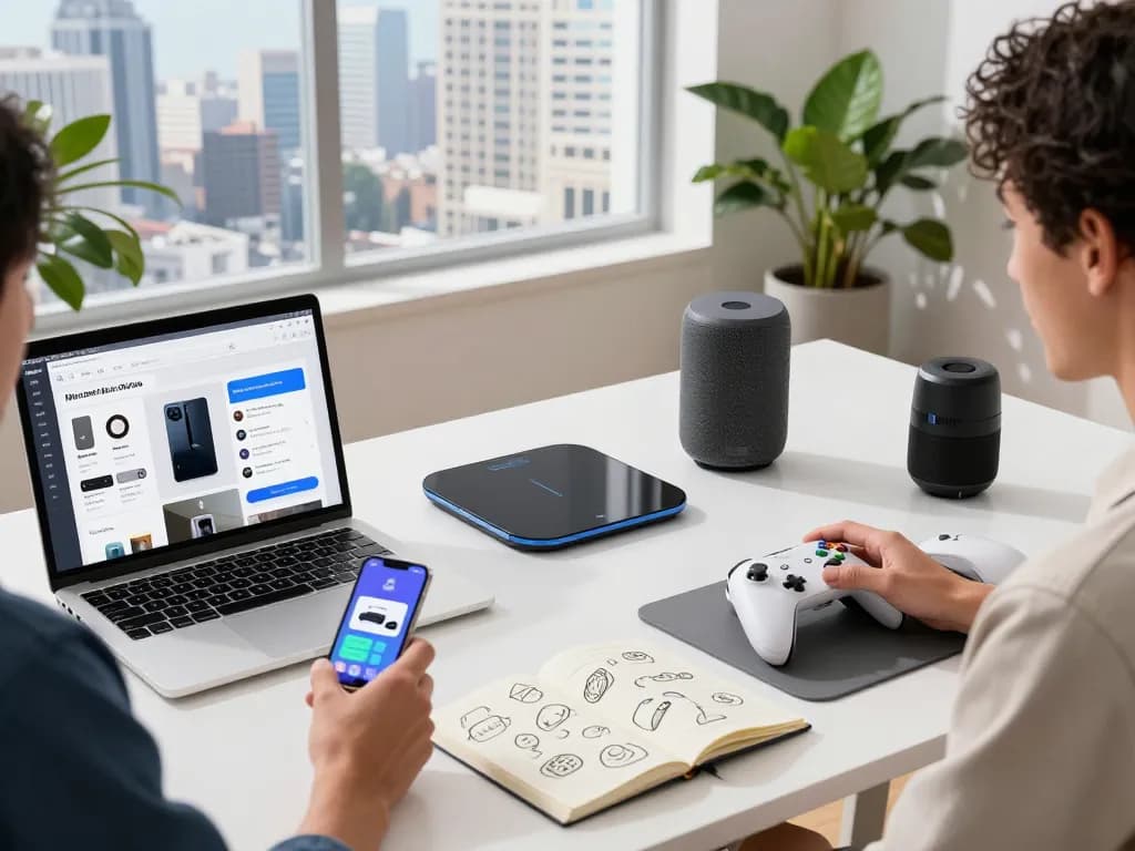 Person using must have tech gadgets in a modern workspace filled with innovative devices and tech paraphernalia.