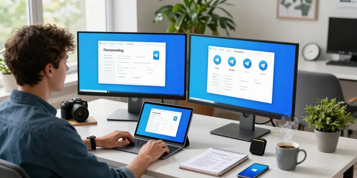 Downloading Telegram at a modern tech workspace with multiple devices and vibrant atmosphere.