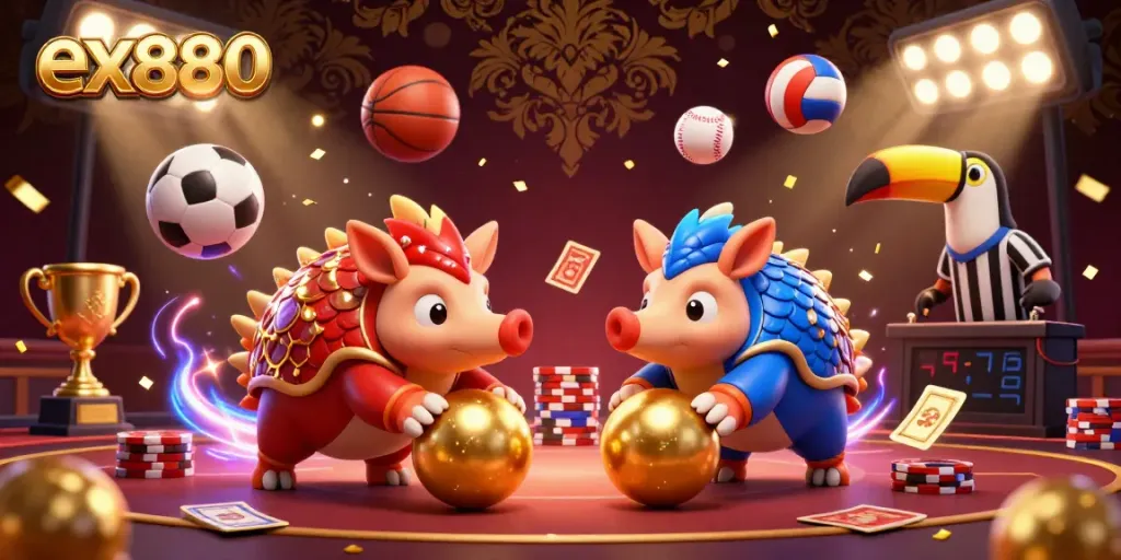 Betting excitement captured as ex880 pangolins roll golden balls, surrounded by dynamic gaming elements.
