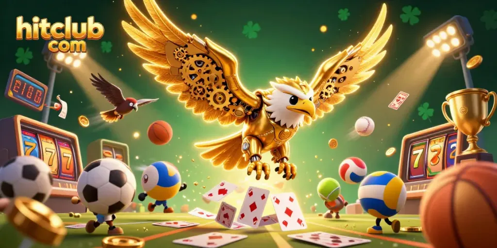Experience winning combinations at hitclub com with a dynamic scene of 3D gaming elements and a cybernetic eagle.