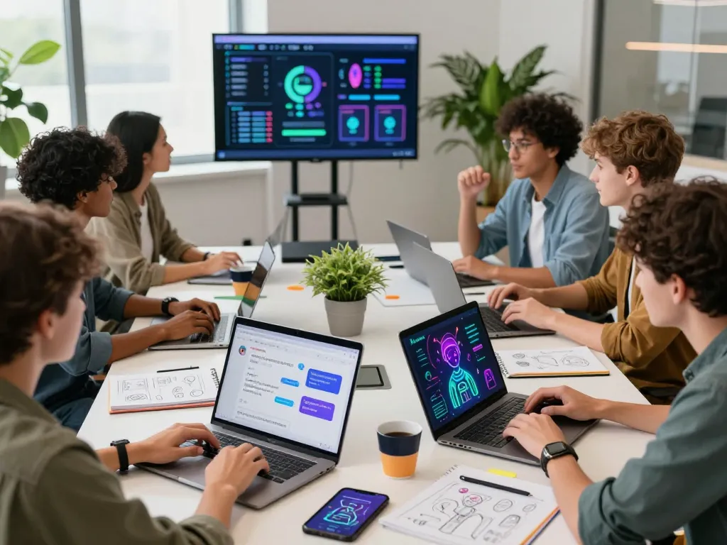 Collaborative workspace showcasing spicy AI interactions with diverse teams and vibrant tech elements.
