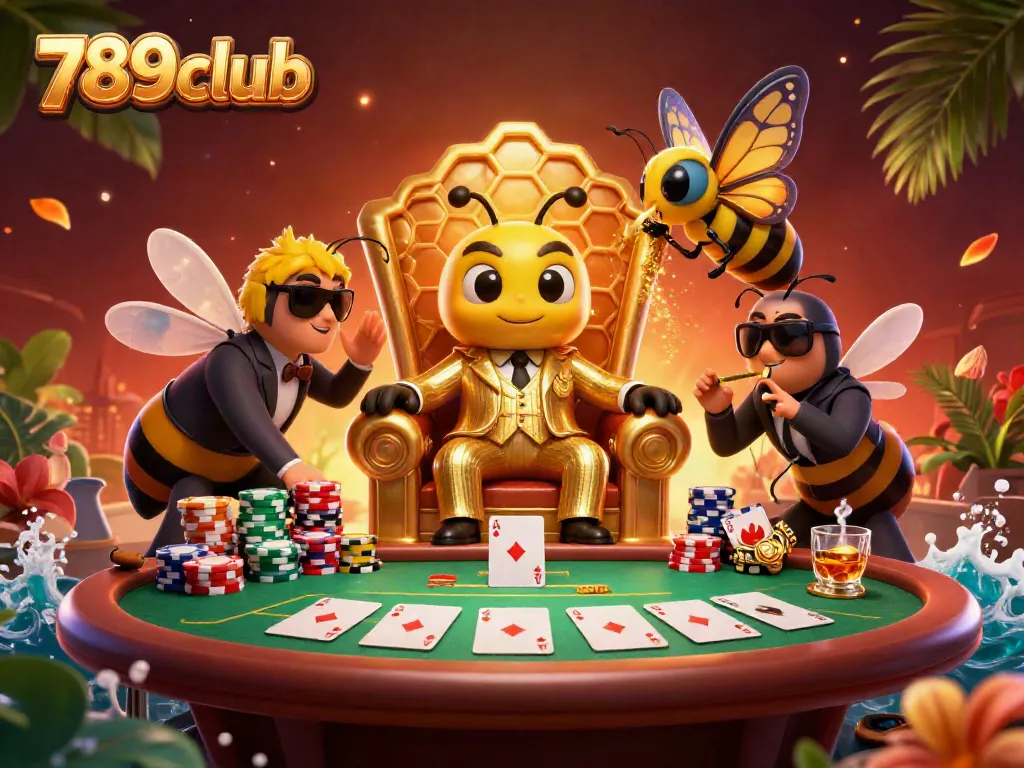 Engage with 789club's thrilling casino experience featuring a cartoon bumblebee mob boss and vibrant gaming elements.