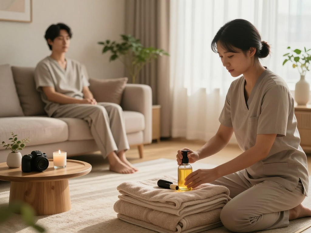 Experience premium 출장마사지 in a serene home setting with a calm therapist and relaxing atmosphere.
