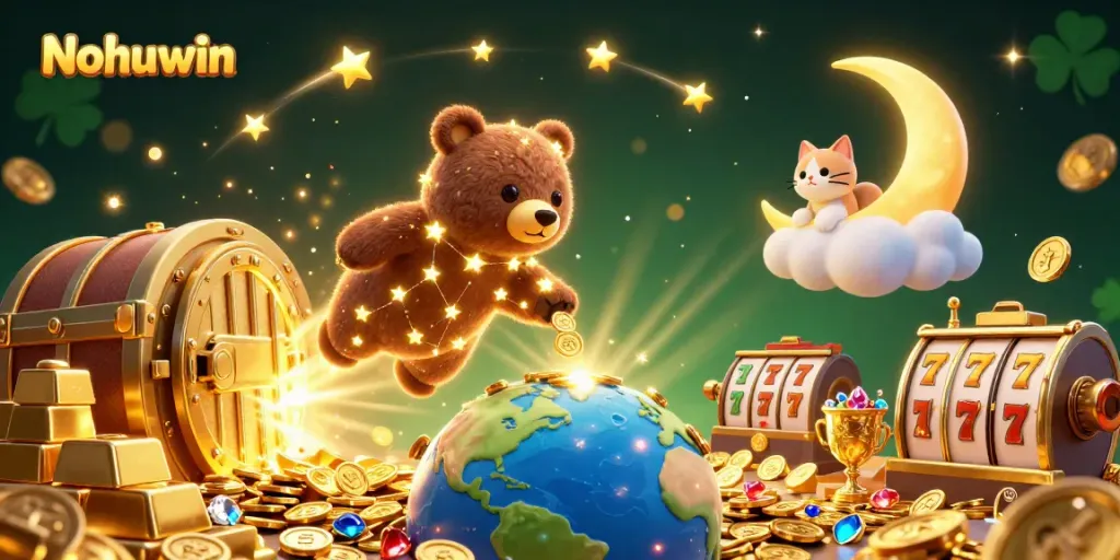 Nohuwin brings a magical gaming experience, featuring celestial characters collecting coins and lucky slot elements.