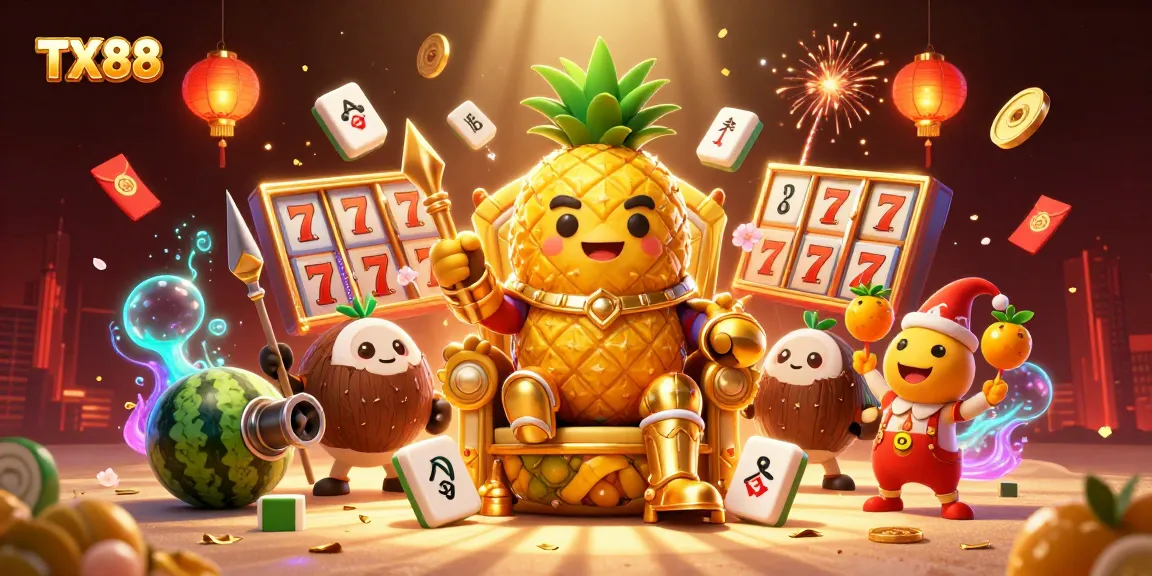 Engage with TX88's thrilling beach casino scene featuring a golden pineapple king and dynamic slot elements.