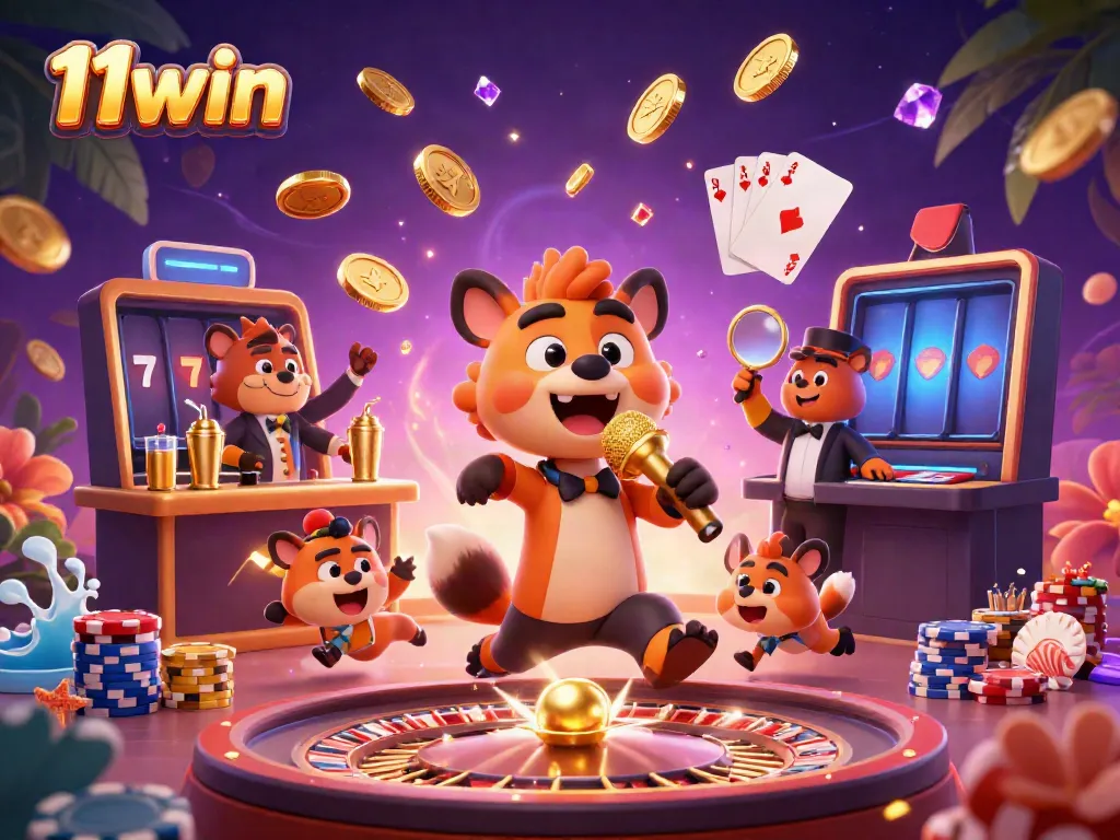 Join the fun with 11win's vibrant casino scene featuring lively hyenas and golden treasures.