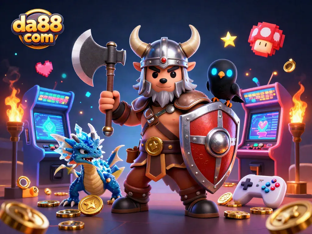 Engage with exciting gameplay at da88 com, featuring a Viking wolf warrior and dragon in a vibrant casino setting.
