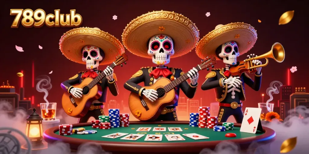 Engage in thrilling gameplay at 789club with cartoon mariachi skeletons amid poker elements.