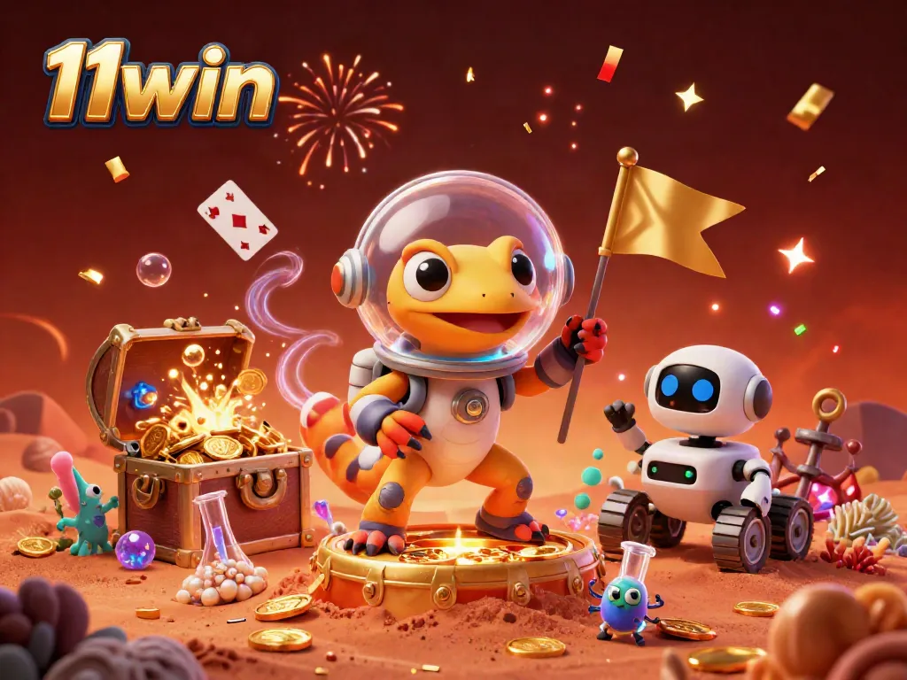 Experience thrilling games at 11win, with a vibrant casino scene featuring a Martian gecko.