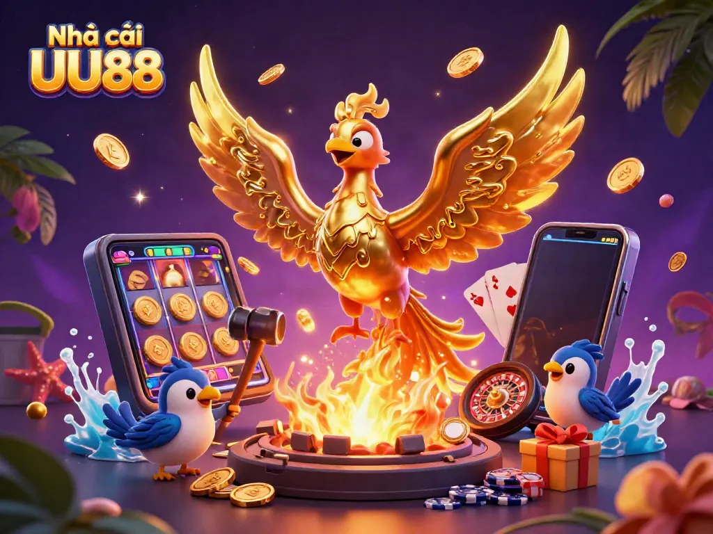 Experience the excitement of Nhà cái UU88 with a phoenix and gaming symbols in a vibrant casino scene.