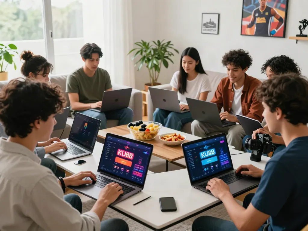 Group of friends enjoying online gaming at home on https://ku88v1.com/ with vibrant sports-themed ambiance.