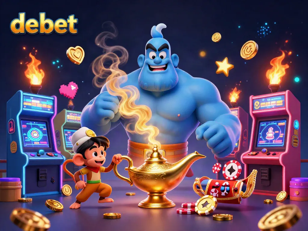 Experience the magic of 'de bet' with a dynamic 3D casino scene featuring a genie, monkey, and flying poker chips.