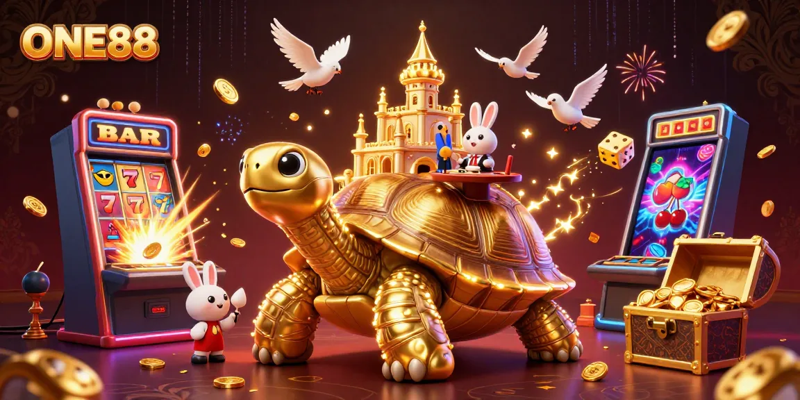 Experience excitement with ONE88 as golden tortoise casino and vibrant symbols flood the scene.