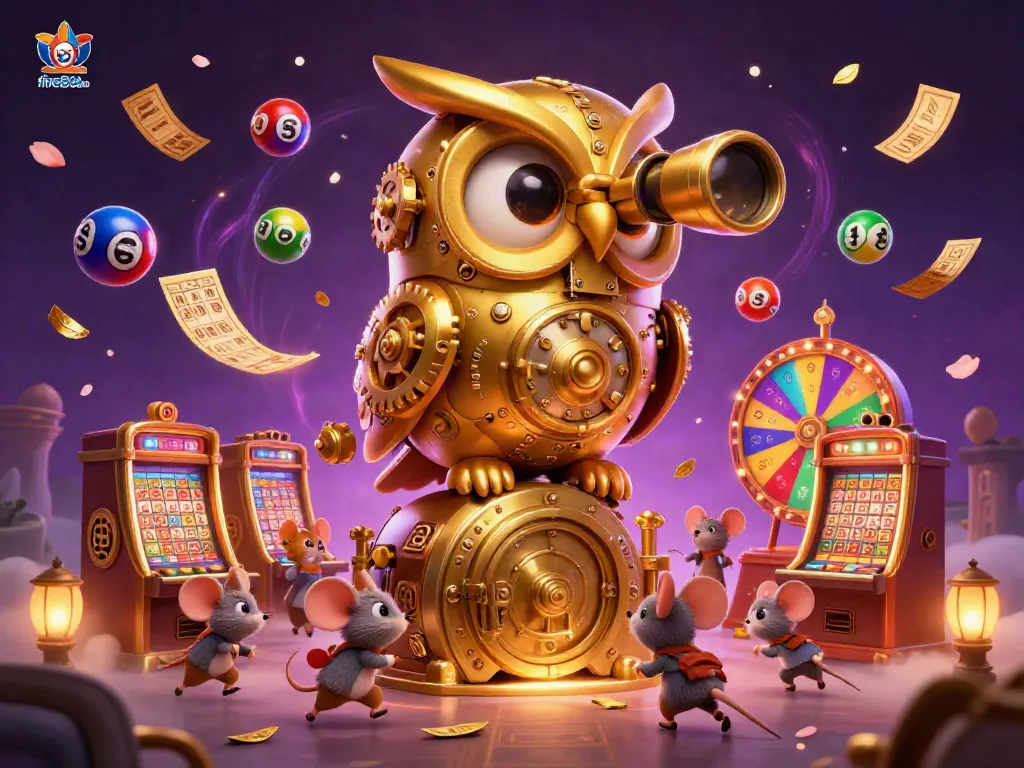 Watch fantastic wins at five88 com with a golden owl overseeing a vibrant casino scene.