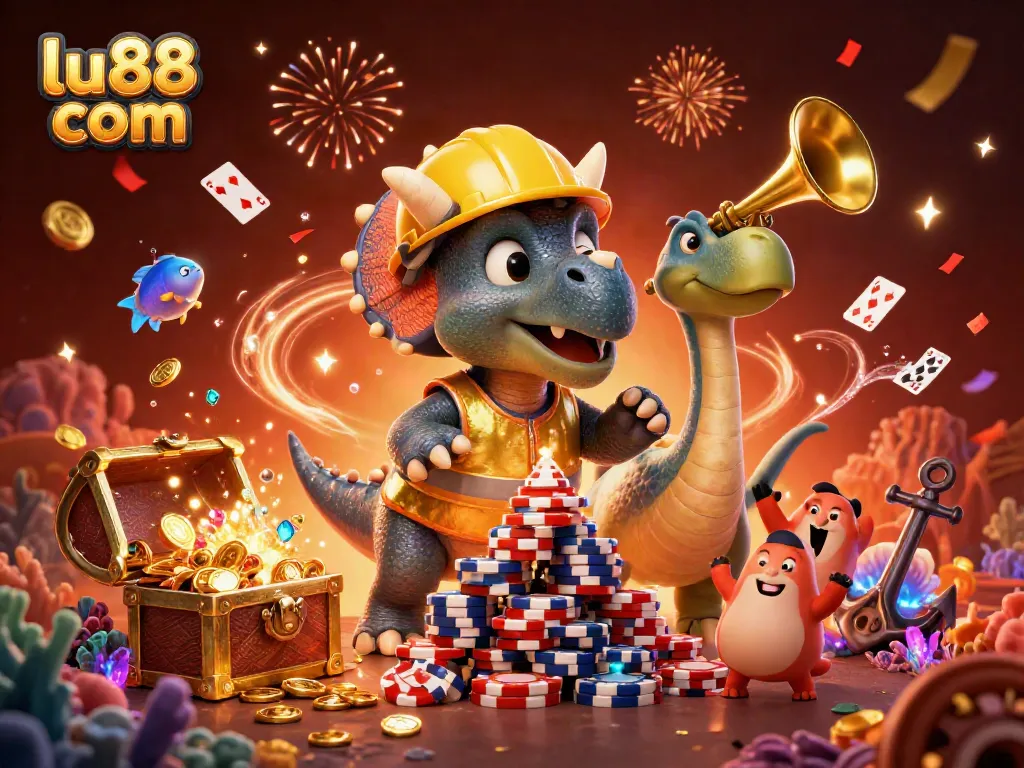 Experience thrilling games at lu88 com with vibrant casino-themed 3D illustration celebrating jackpots and fun.