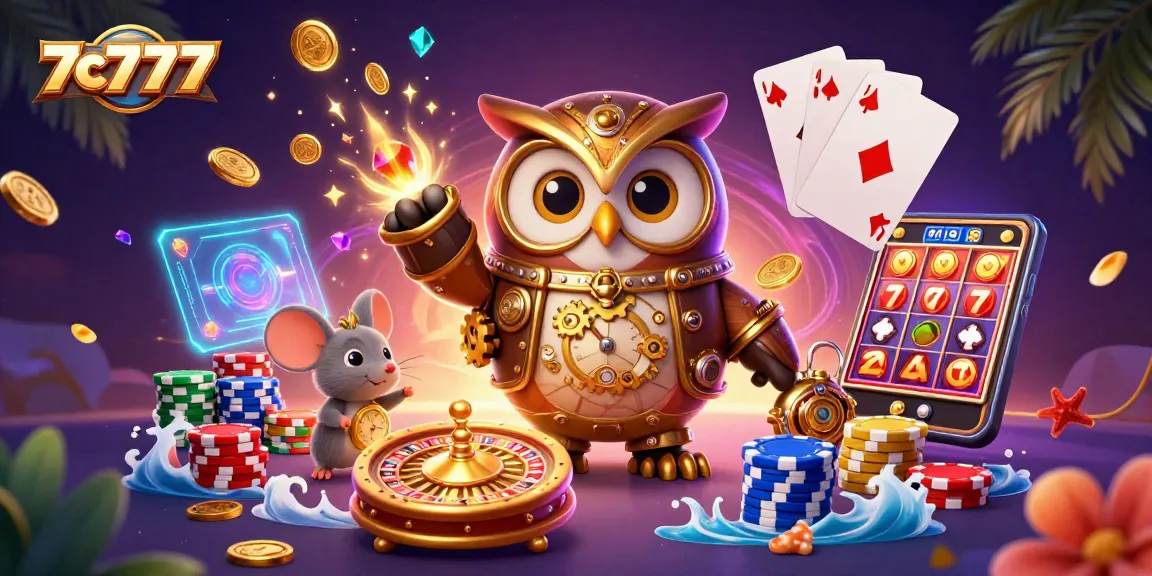 Experience the excitement of 7c7777 with a steampunk owl amidst vibrant casino elements.