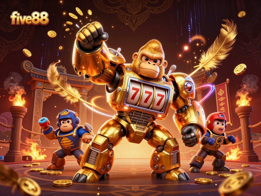 Experience the thrill of five88 with a golden gorilla mech and vibrant casino elements bursting with energy.