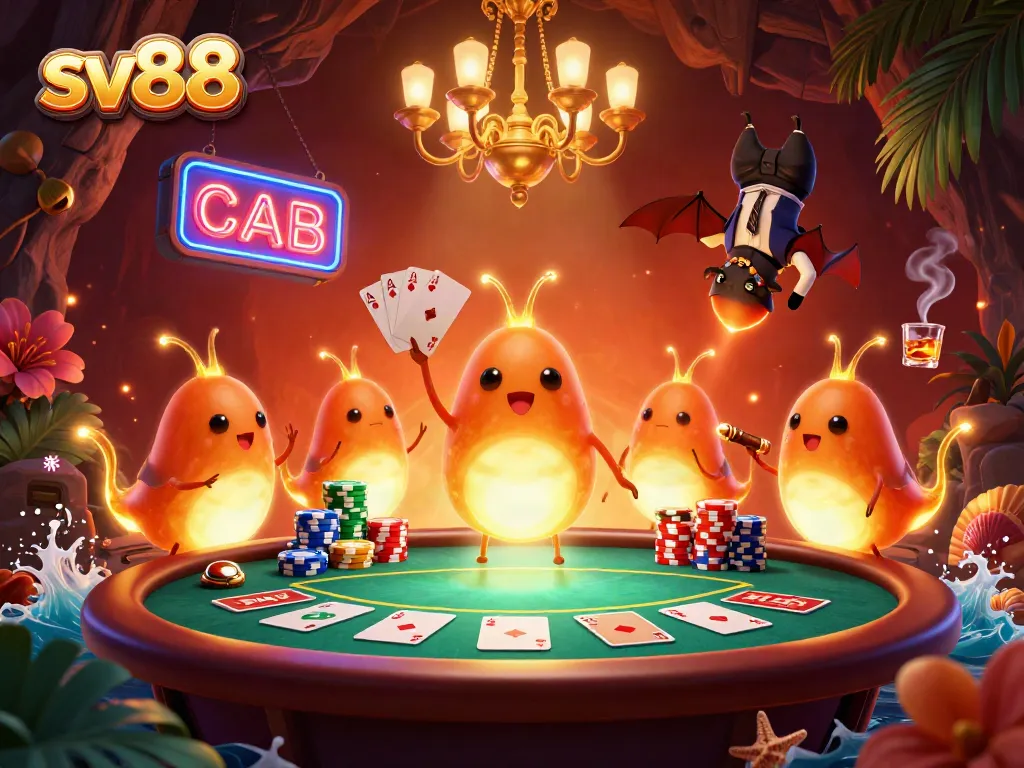 Engage with sv88's vibrant casino scene, featuring colorful poker chips and a unique bat dealer.