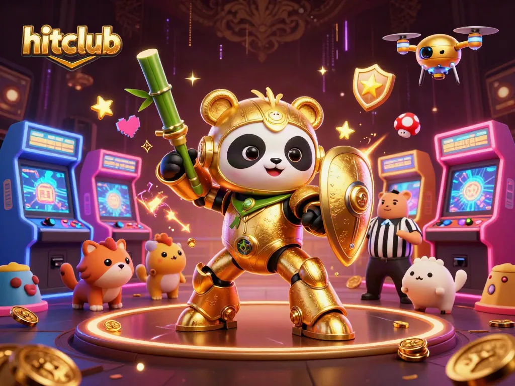 Experience thrilling gameplay with hitclub as a golden panda battles in a vibrant arcade.