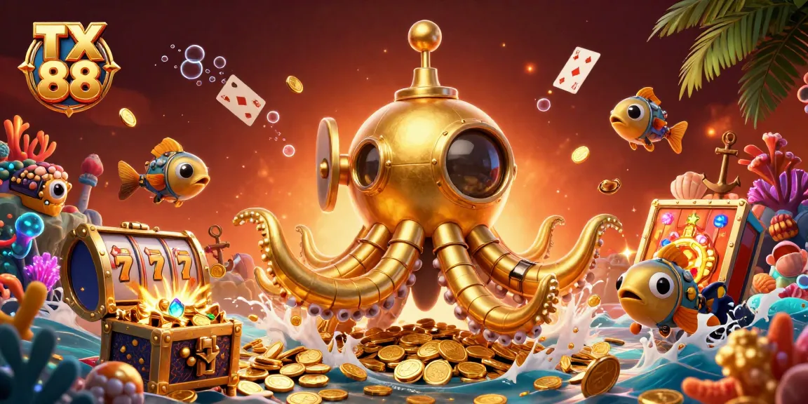 Experience the thrill of TX 88 as a golden kraken submarine surfaces in a sea of gold coins.