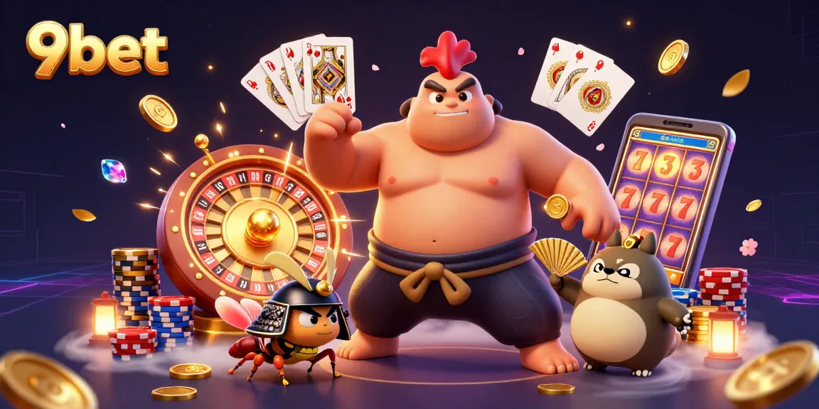 9bet showcases thrilling 3D cartoon characters engaging in vibrant casino action with coins and gems.