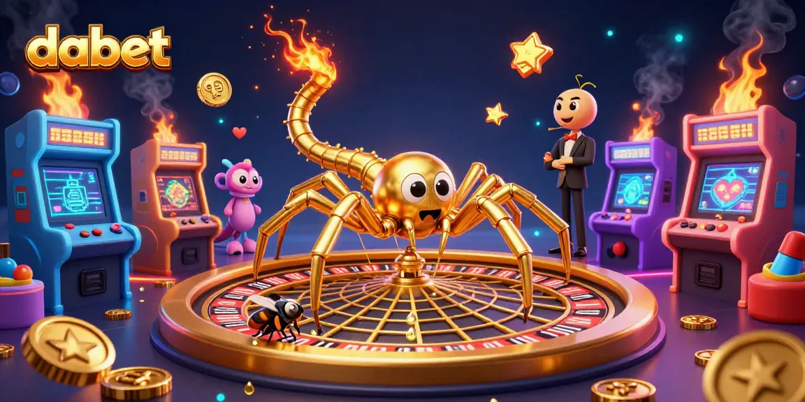 Experience thrilling gameplay at DABET with a vibrant illustration featuring a golden spider and a nervously betting fly.