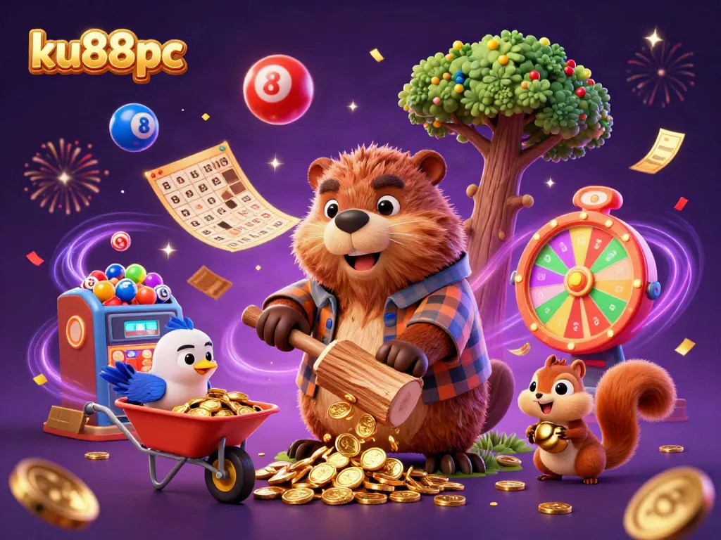 Engage with ku88pc as the cartoon beaver rains coins in a colorful casino scene.