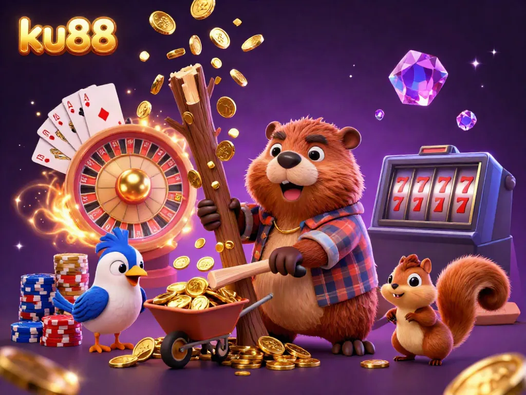 Catch golden coins with ku88 characters in a vibrant casino-themed scene.