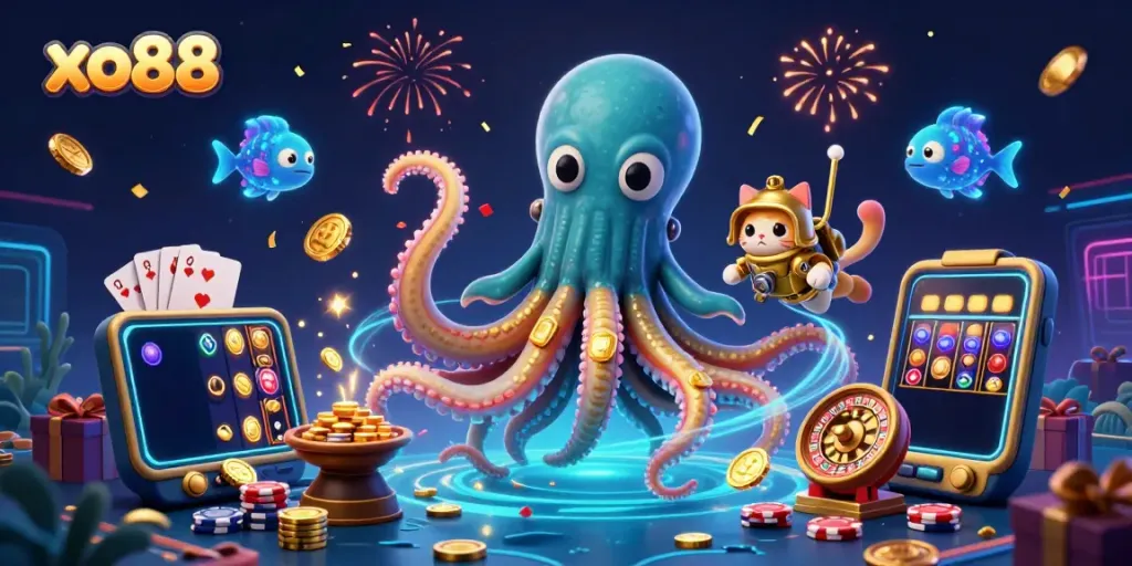 Immerse in the vibrant world of xo88 with kraken and divers amidst casino excitement.