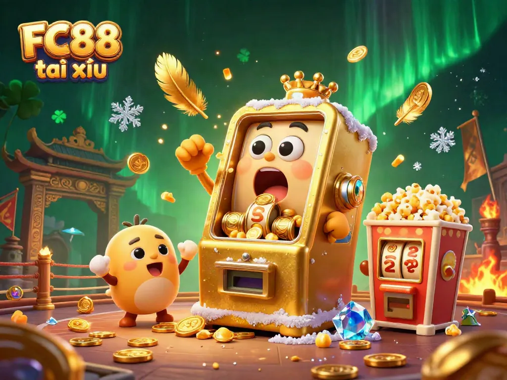 FC88 tài xỉu slot machine celebrating a jackpot in an ultra-detailed 3D casino scene.