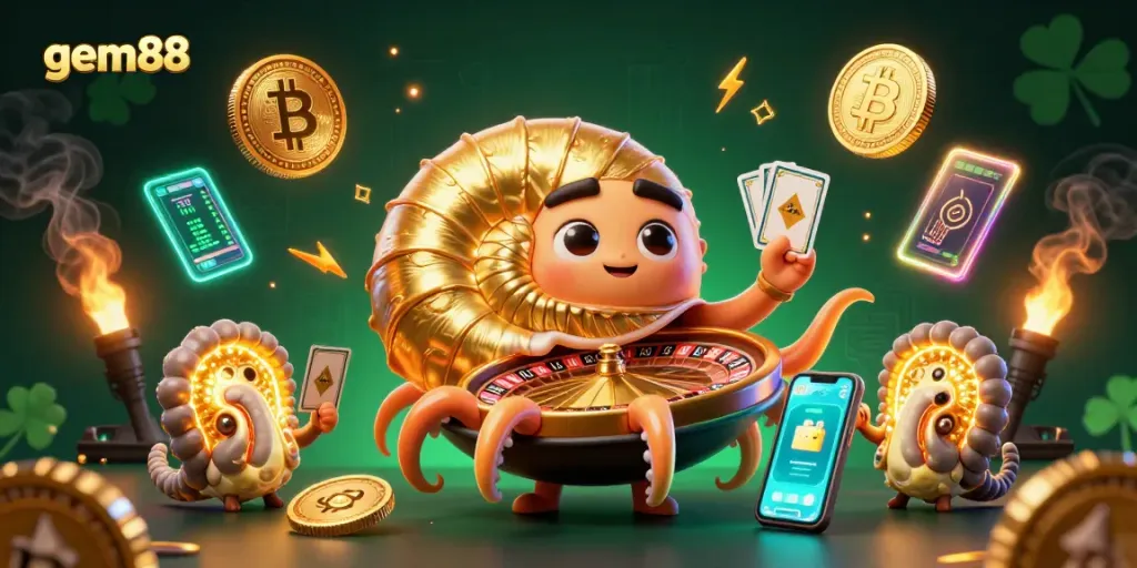 Experience thrilling wins at gem88 with a vibrant 3D casino scene featuring a unique nautilus roulette wheel.