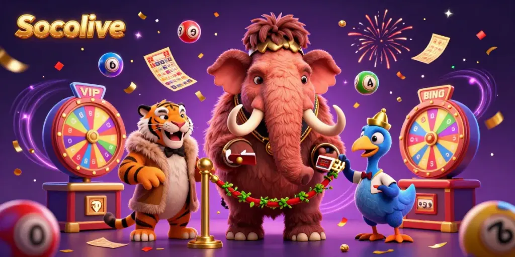 Experience gaming excitement with Socolive featuring dynamic characters and vibrant casino elements.