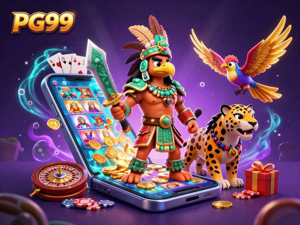 Experience PG99 slots with 3D Aztec warriors amid vibrant casino elements and golden treasures.