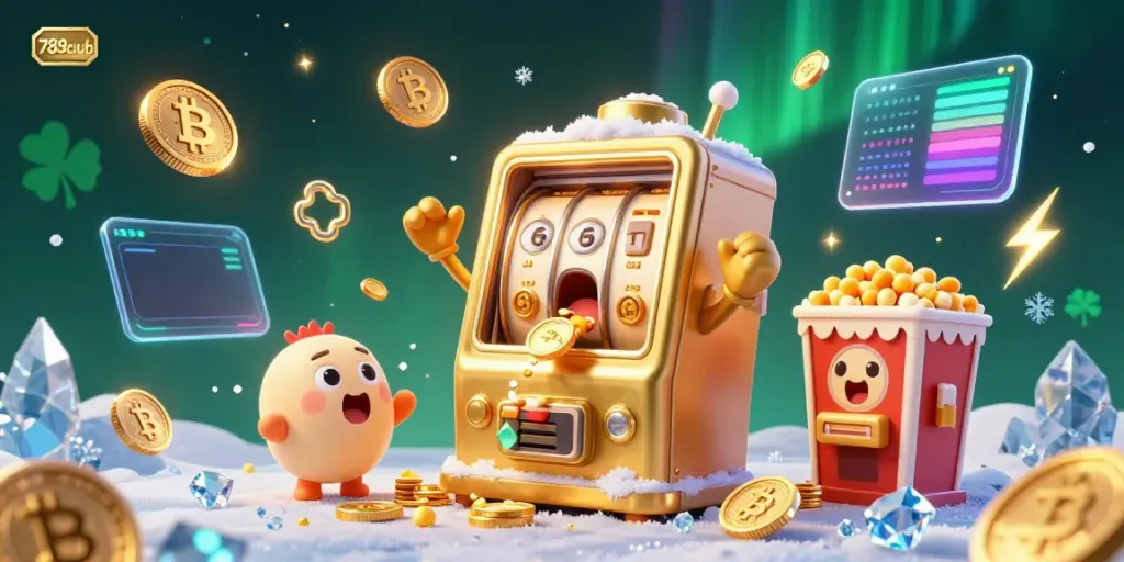 Engage with 789club's exciting 3D jackpot scene as the animated slot machine hits a jackpot with coins cascading down.