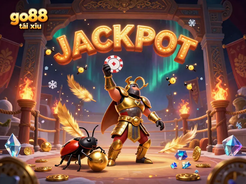 Engage in exciting go88 tài xỉu gameplay as a triumphant hercules beetle lifts a poker chip amidst a lively arena.