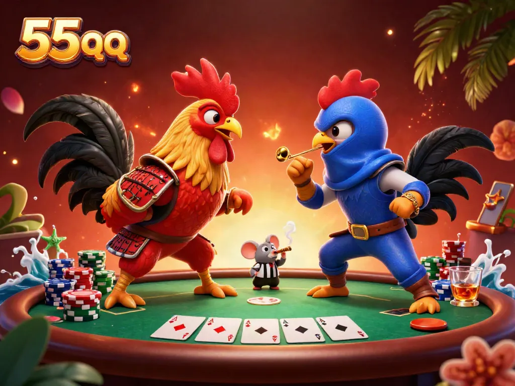 Experience thrilling action with 55 qq as fighting roosters face off in a dramatic standoff.