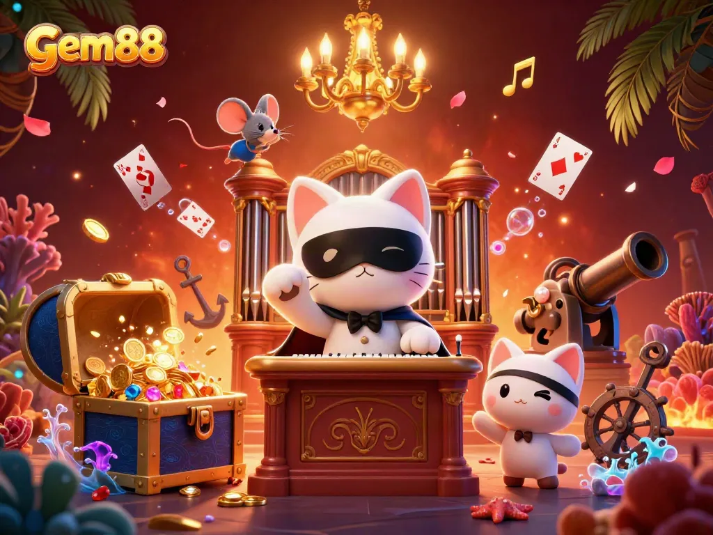Play thrilling games at gem88 with a whimsical illustration featuring a cat at an ornate organ amidst casino-themed elements.