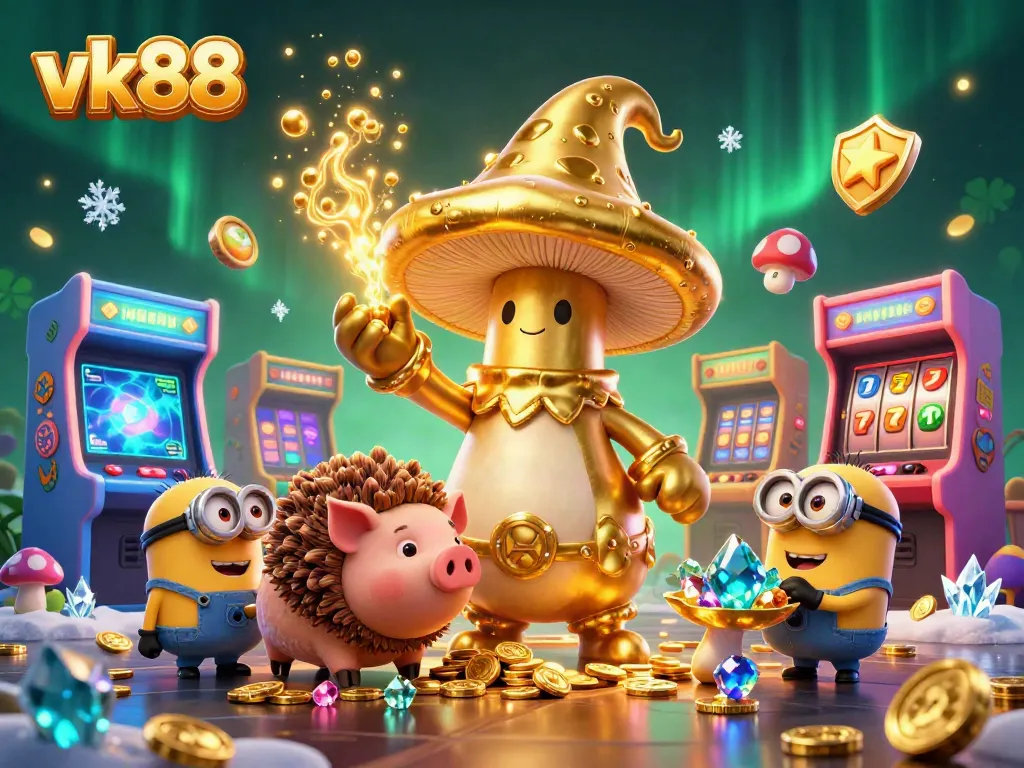 Experience the magic of vk88 in this vibrant casino scene with animated characters and treasures.