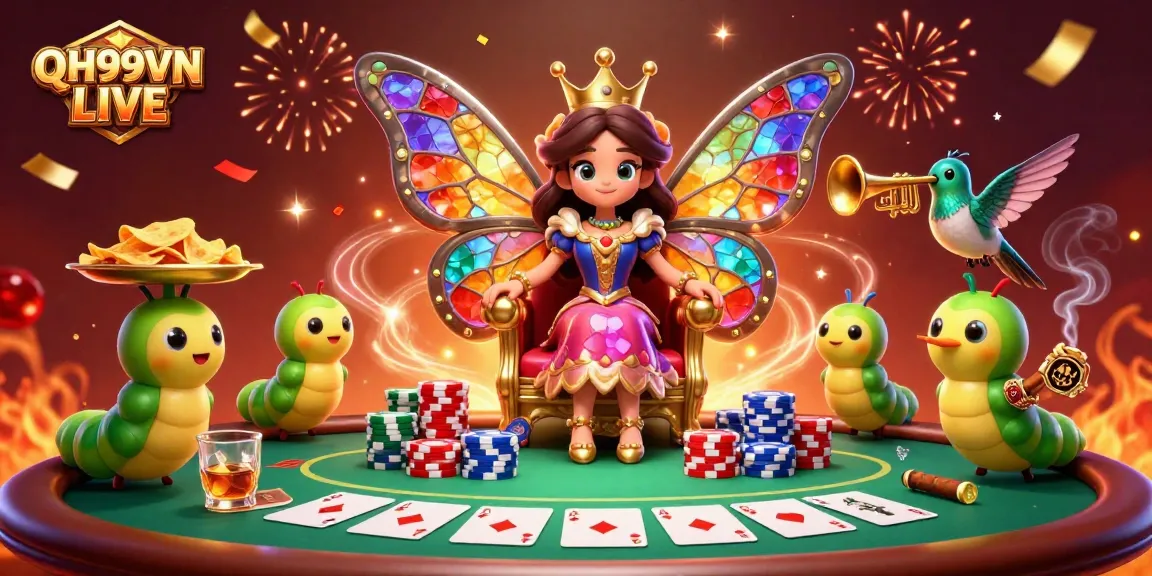 Join the excitement at QH99VN LIVE with colorful poker elements and a vibrant casino celebration scene.