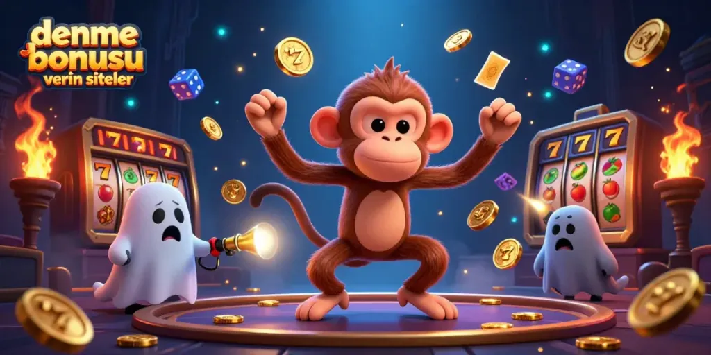 Experience excitement with deneme bonusu veren siteler featuring a playful monkey and a ghost-hunter puppy.