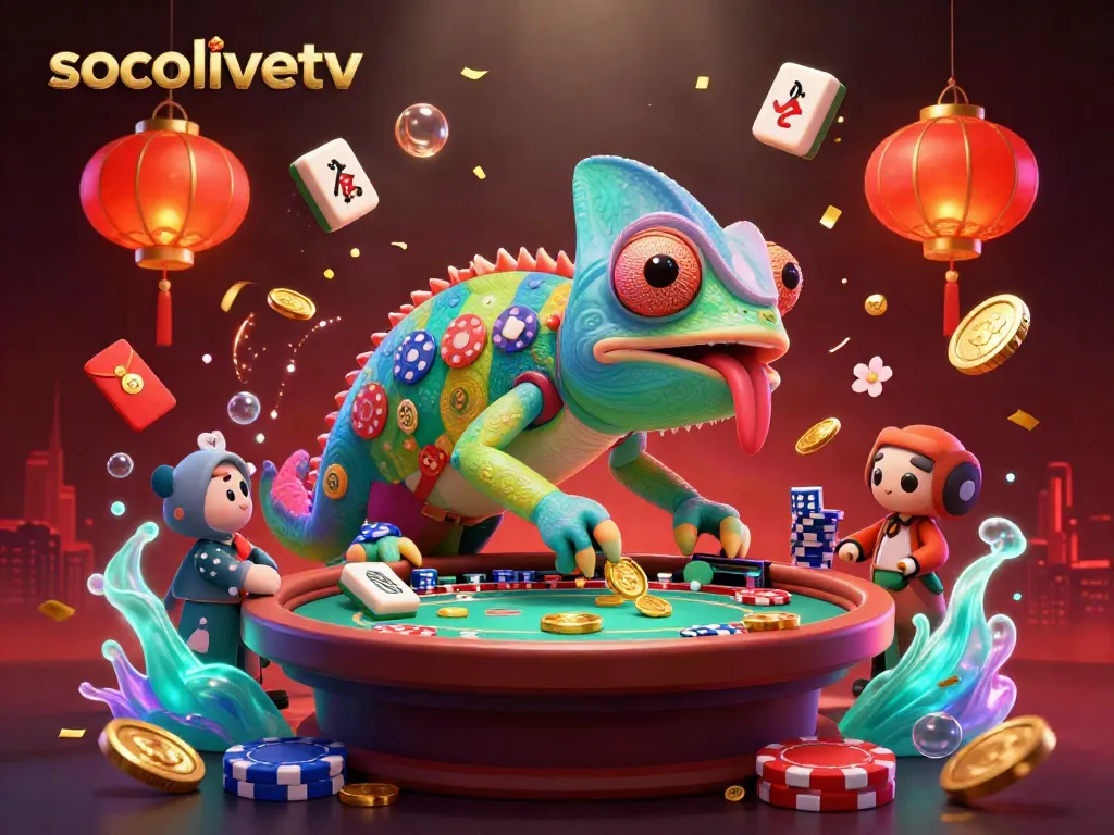 Socolivetv chameleon casino owner animatedly captures golden coins while engaging with festive gambling elements.