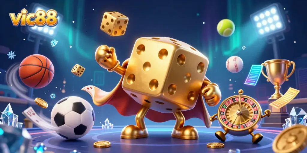 Experience winning moments with vic88's vibrant 3D casino illustration featuring golden dice and sports elements.