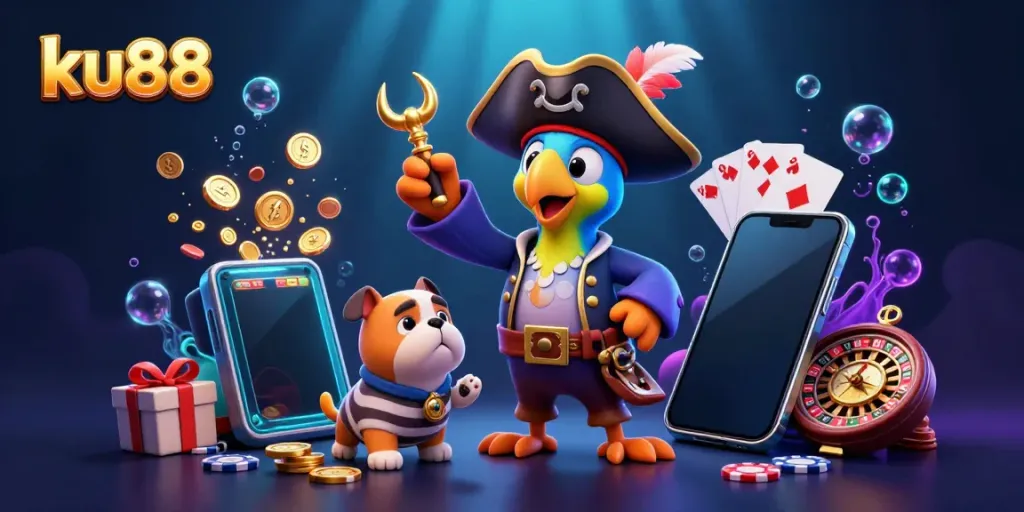 Spin to win with ku88's vibrant pirate-themed 3D illustration featuring exciting gambling elements.