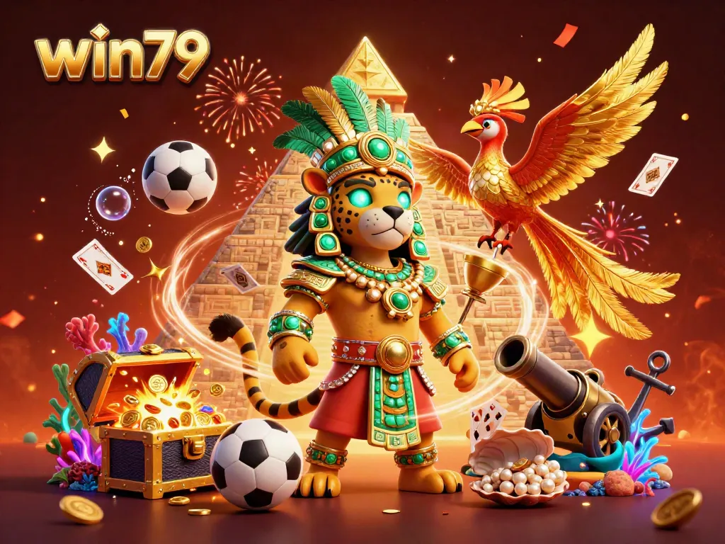 Engage in exhilarating sports betting with win79 amid a vibrant celebration of gaming elements and mystical characters.