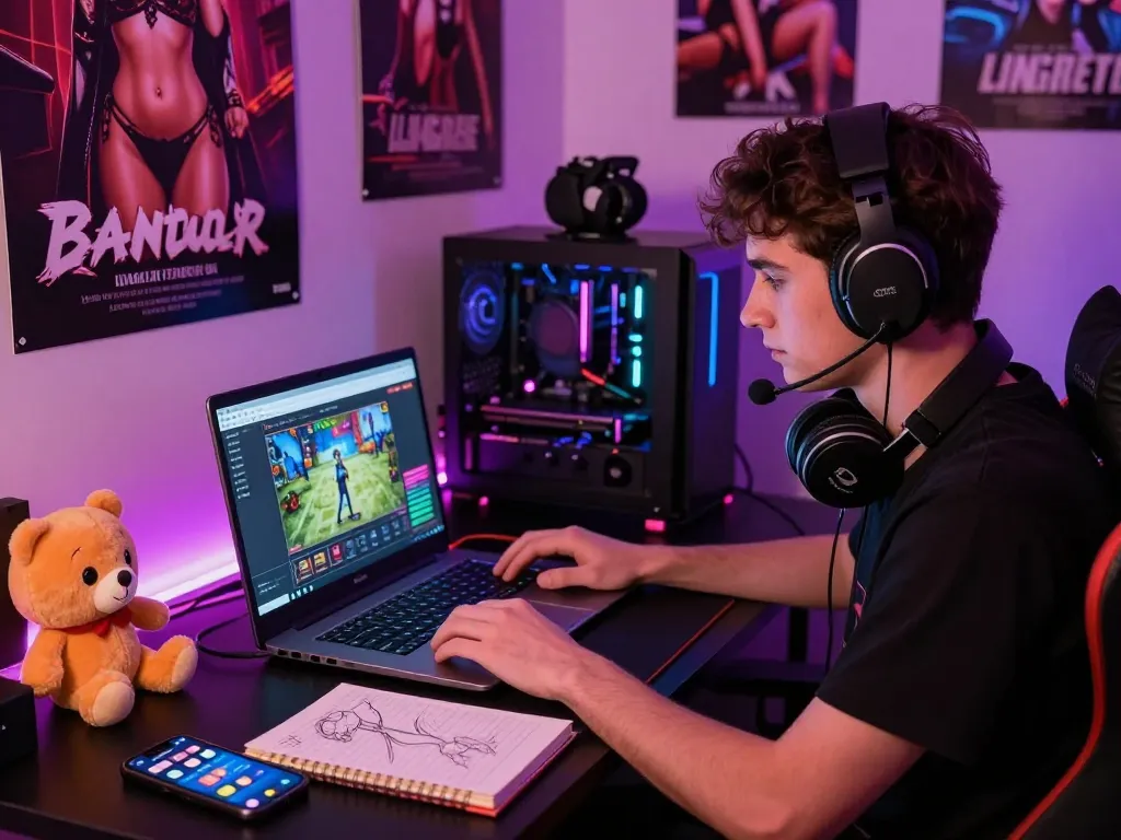 Gamer immersed in a porno game experience with vibrant lighting and gaming gear.