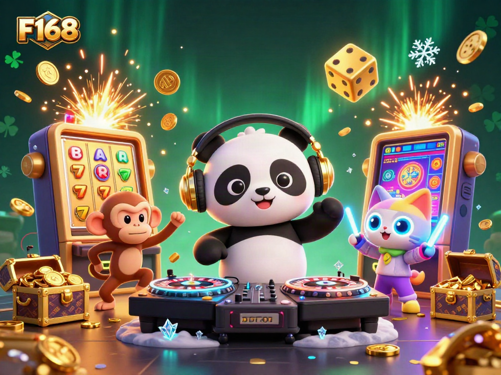 Experience the thrill of F168 with a vibrant casino scene featuring a DJ panda, dancing monkey, and rave kitten.