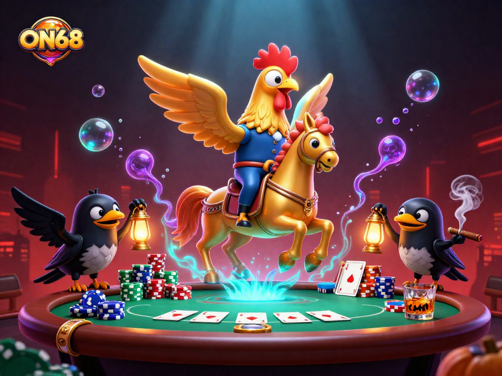 Experience the thrill of casino gaming at ON68 with a golden rooster and spectral horse.