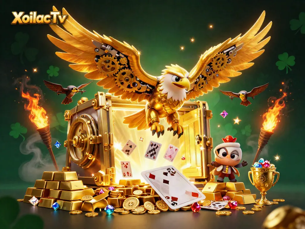 XoilacTv showcases an energetic scene with a cybernetic eagle and treasures, capturing the thrill of live sports betting.