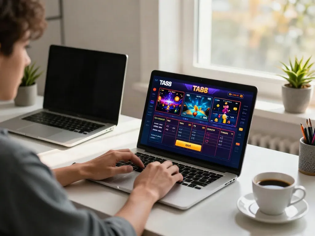 TA88 user engaging with online casino games in a modern home office.