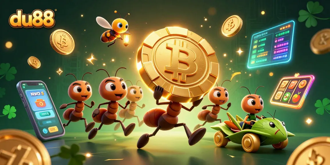 Capture du88's winning spirit with ants racing for a giant poker chip amidst vibrant casino graphics.